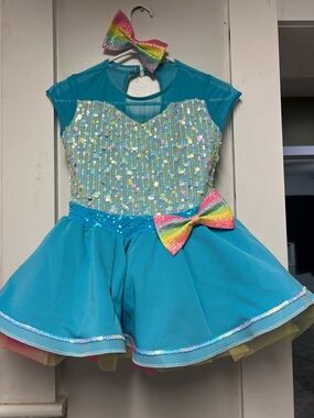 Turquoise Sequin Tutu Dress with Rainbow Bows - Kids Costume